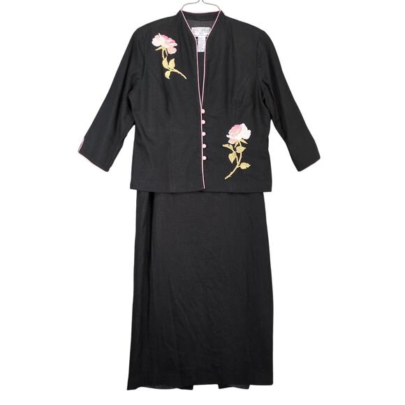 Vtg Jessica Howard Women's 12P 2-pc Dress & Embroidered Rose Jacket Black Linen - Picture 1 of 6